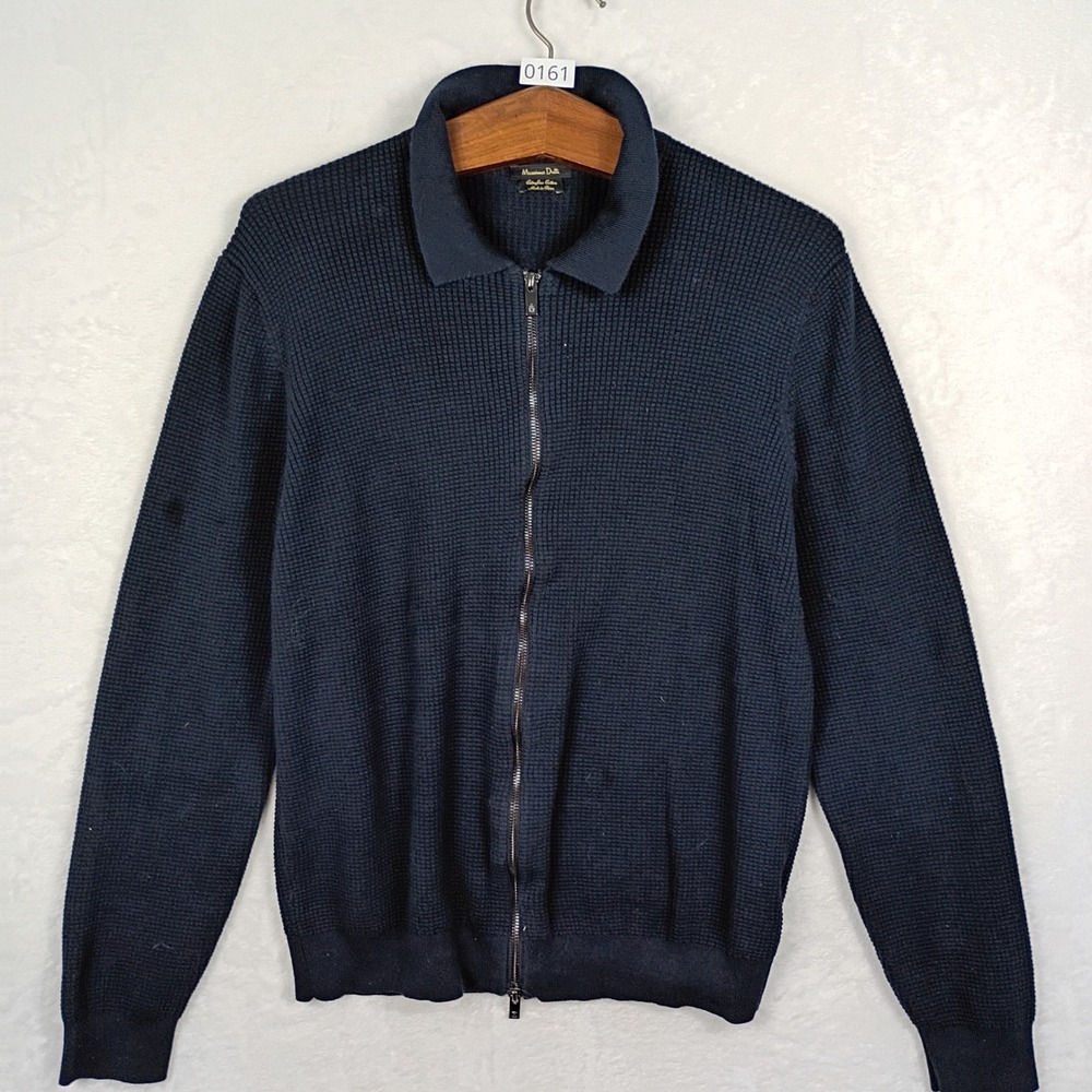 Massimo Dutti‎ Mens XL Extrafine Cotton Navy Waffle Knit Full Zip Sweater Collar